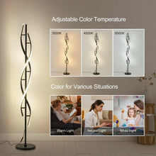 Modern spiral LED floor lamp with curved light bars and slim pole, shown in lit mode