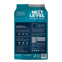 Teal Next Level dog food bag back panel with nutritional and ingredient info
