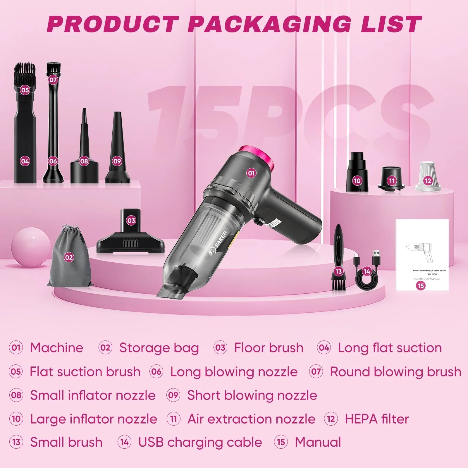 Saker 3-in-1 Car Vacuum Cleaner with 16000PA Powerful Suction, Cordless Handheld Vacuum Cleaner with Multi-Nozzles for Car, Home, Office, Pet - USA MEGA SHOP