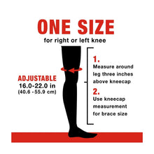 Adjustable black hinged knee brace sizing diagram for right or left knee