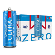 Michelob Ultra Zero non-alcoholic beer 12-pack with blue cans and a white, blue, and red box