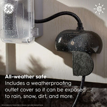 Black outdoor smart plug with weatherproof outlet cover and curved power cable