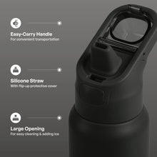 Black stainless bottle with silicone straw and flip-lock lid, wide drinking opening