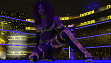 Wrestler crouching in purple outfit with banded gloves and boots