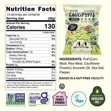 FamBam Foods Caulipuffs package with nutrition facts, ingredients, and dietary certification icons.