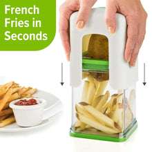 White French fry cutter held over a bowl with potato fries coming out