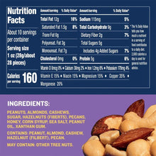 Nutrition facts and ingredient list for honey roasted mixed nuts canister