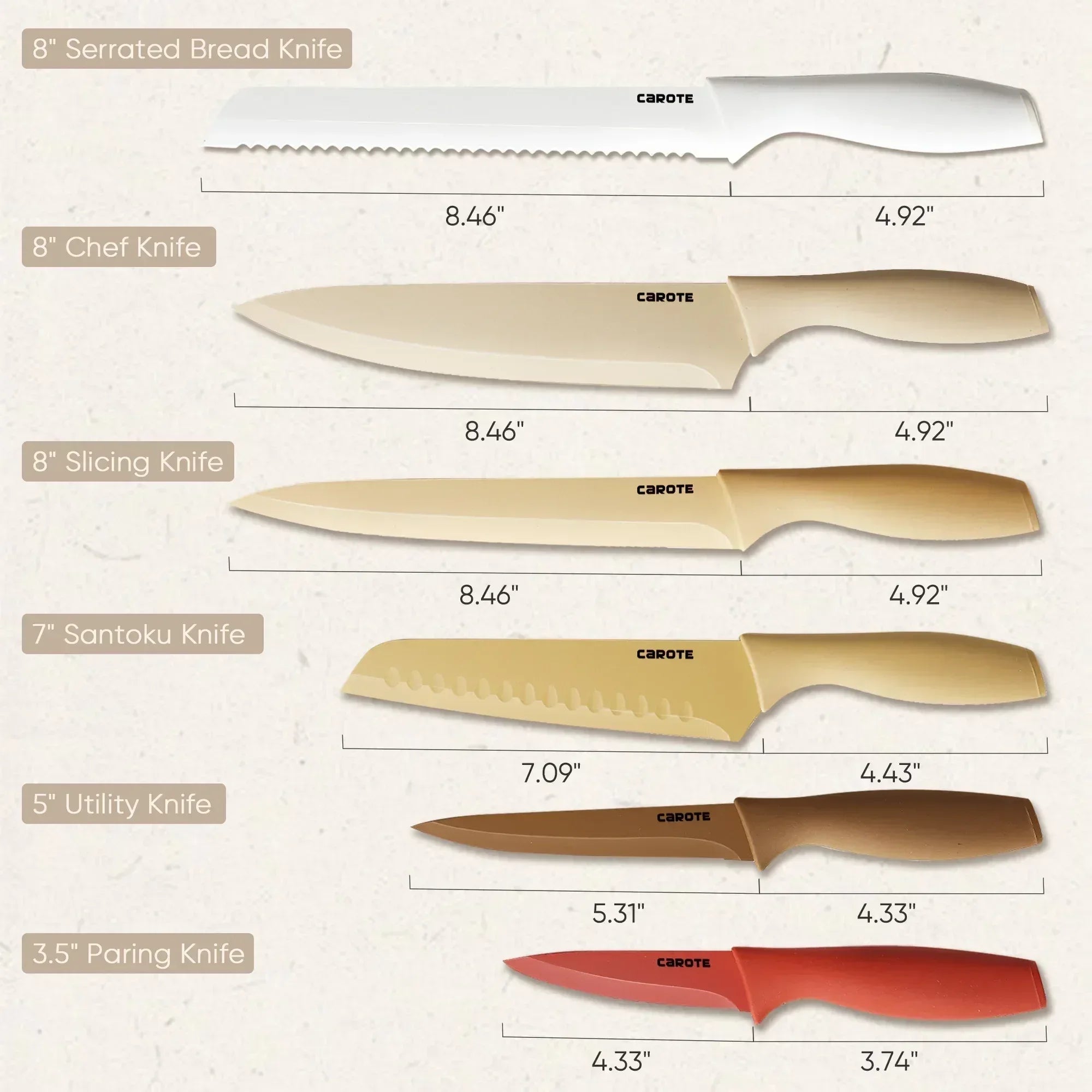 Carote 12 Pcs Kitchen Knife Set, Stainless Steel Knife Set with Nonstick Creamic Coating, Taupe