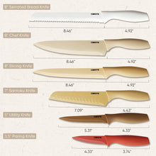 Assorted kitchen knives laid out with labeled blade sizes, including bread, chef, and paring.
