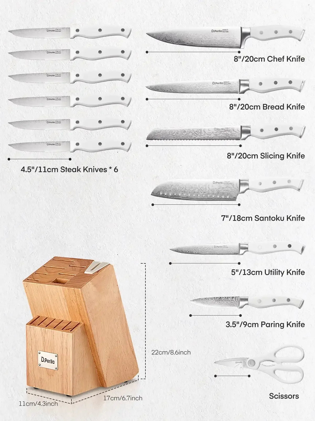 D.Perlla Knife Set, 14 Pcs Kitchen Knives Set with Built-in Sharpener, Stainless Steel Knife Set with Block - USA MEGA SHOP