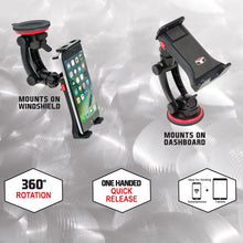 Set of black phone holders: suction mount for windshield and dashboard, red knobs