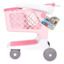 Pink and white kids shopping cart with large shopping basket
