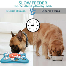 Treat-dispensing dog puzzle toy on blue mat with orange center and paw icons