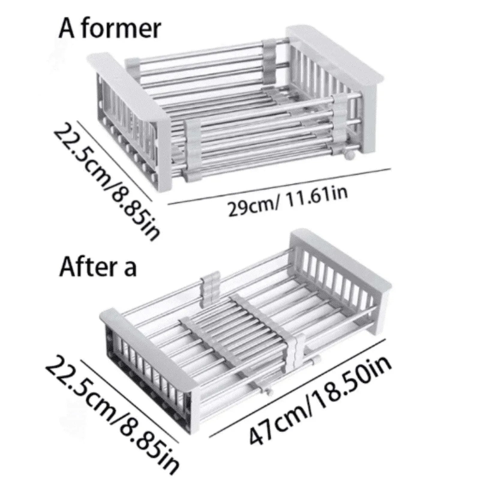 Adjustable Over-The-Sink Dish Drying Rack with Stainless Steel Drain Basket - Portable & Telescopic Space-Saving Solution for fruit vegetable