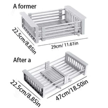 Adjustable dish drying rack frame shown in expanded and collapsed positions