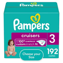 Pampers Cruisers diaper box front view, size 3, 192 diapers count