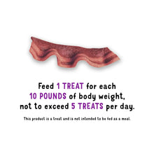Bacon-flavored dog treat strip with feeding instructions for daily treat limits shown.