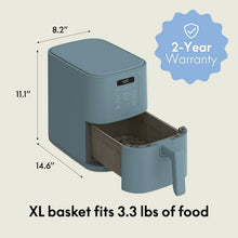 Surf blue 4 qt air fryer with open XL basket and size diagram markings