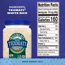RiceSelect Texmati white rice jar with Nutrition Facts and serving details panel