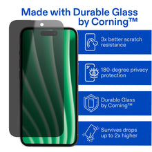 Tempered privacy glass screen protector panel with green-tinted privacy display