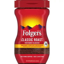 Folgers Classic Roast instant coffee crystals jar, red label front with gold burst