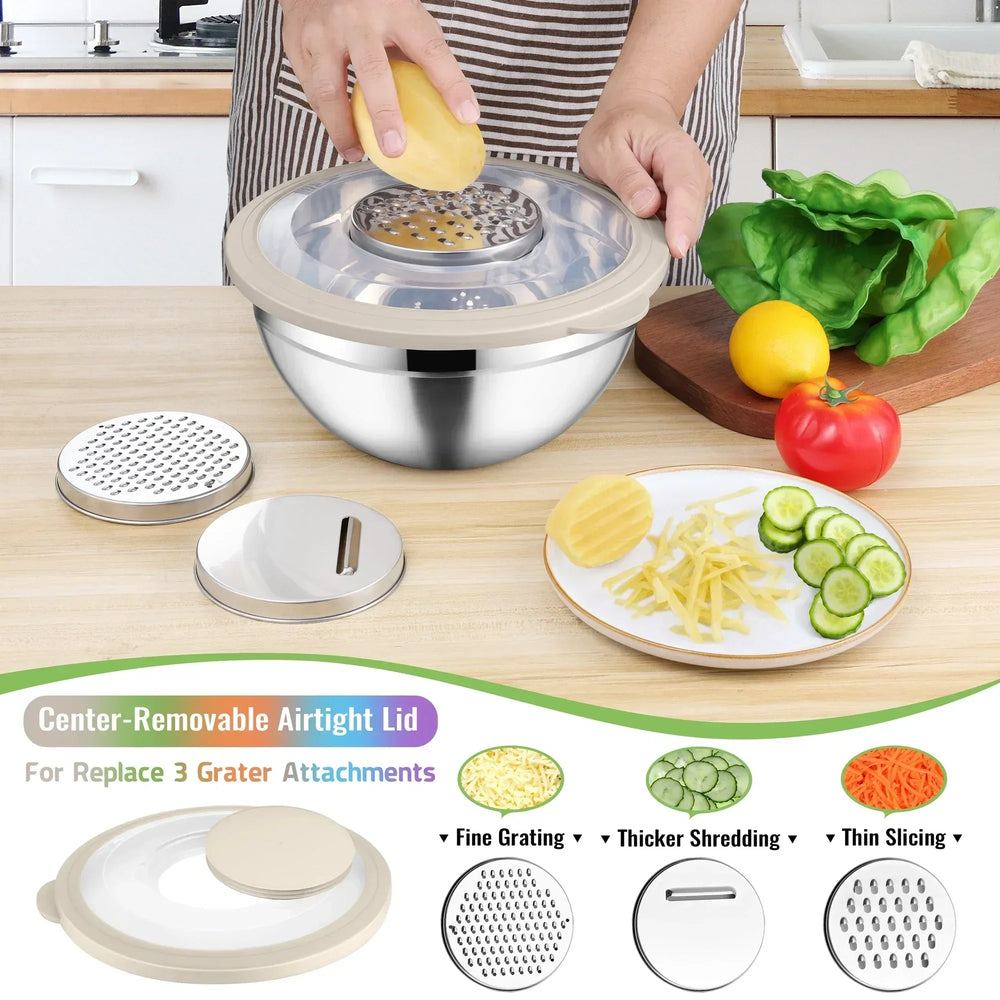 Vesteel Mixing Bowls with Lids Set of 8, Stainless Steel Prep Bowls with Upgraded Airtight Visible Lid, Metal Nesting Bowl Attach with 3 Graters for Kitchen Grating/ Shredding / Mixing - USA MEGA SHOP