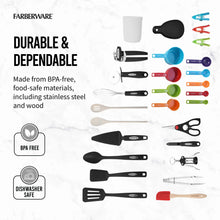 Kitchen utensil set shown with assorted tools, including silicone spatula, ladle, and tongs