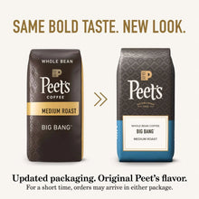 Peet's Big Bang medium roast whole bean coffee bags, two-pack display, dark and blue