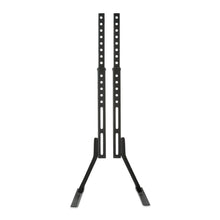 Tabletop TV stand with two upright mounting rails and three-prong style base
