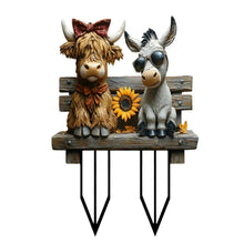 Two-animal acrylic flower pot planter with cow and donkey faces and sunflower detail