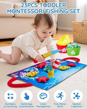 Toddler Montessori fishing set with blue ocean mat, felt fish, and numbered stacking cups