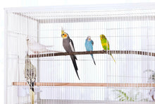 Bird cage accessory: hanging twisting stick toys with brown wooden blocks and colorful fibers.
