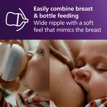 Breastfeeding bottle nipple with wide soft teat, designed to mimic breast