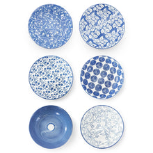 Assorted blue porcelain bowls with six different blue-and-white round patterns