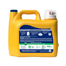 Yellow liquid laundry detergent jug with blue cap, back label panel with directions and symbols