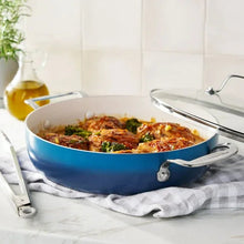 Denim blue 12 in nonstick everyday pan with side handles and lid