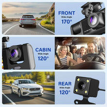 Dual dash cam system with front and rear camera units shown in wide-angle views