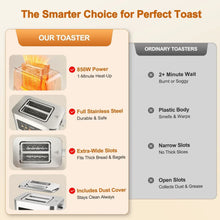 Stainless steel toaster with dust cover and extra-wide slots for bagels and bread