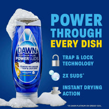 Blue dish soap bottle with foam pile and PowerSuds feature callouts on a package card