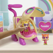 Cream and purple cat copter with open cockpit and two mini cat figures