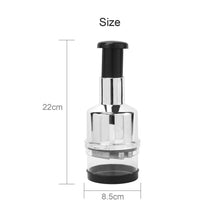 Manual food chopper dimensions, stainless steel body with black top and base