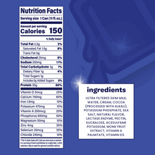 Chocolate milkshake ingredients and Nutrition Facts panel, 150 calories per serving