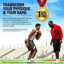 Creatine supplement marketing poster with two athletes running and lifting outdoors