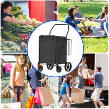 Black folding shopping cart with removable basket and rear wire rack