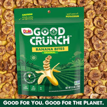 Banana bites snack bag surrounded by crunchy banana chips, original