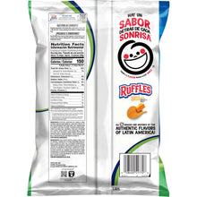 Ruffles queso snack chips bag back panel with nutrition facts and barcode