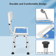 Shower chair with handrail and shower spout holder, blue padded seat, anti-slip rubber feet