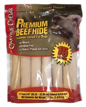 Premium beefhide dog chews bag showing 15-count rawhide sticks