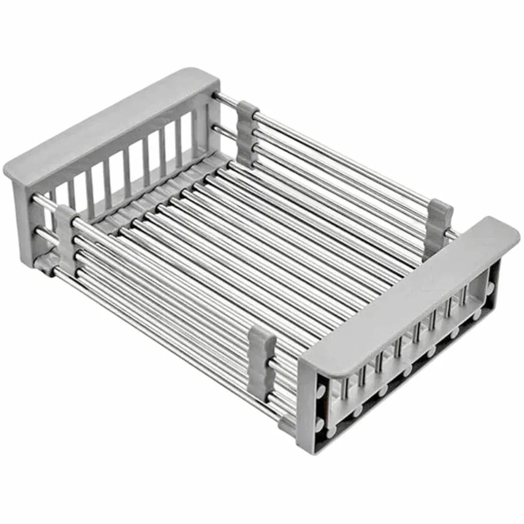Adjustable Over-The-Sink Dish Drying Rack with Stainless Steel Drain Basket - Portable & Telescopic Space-Saving Solution for fruit vegetable