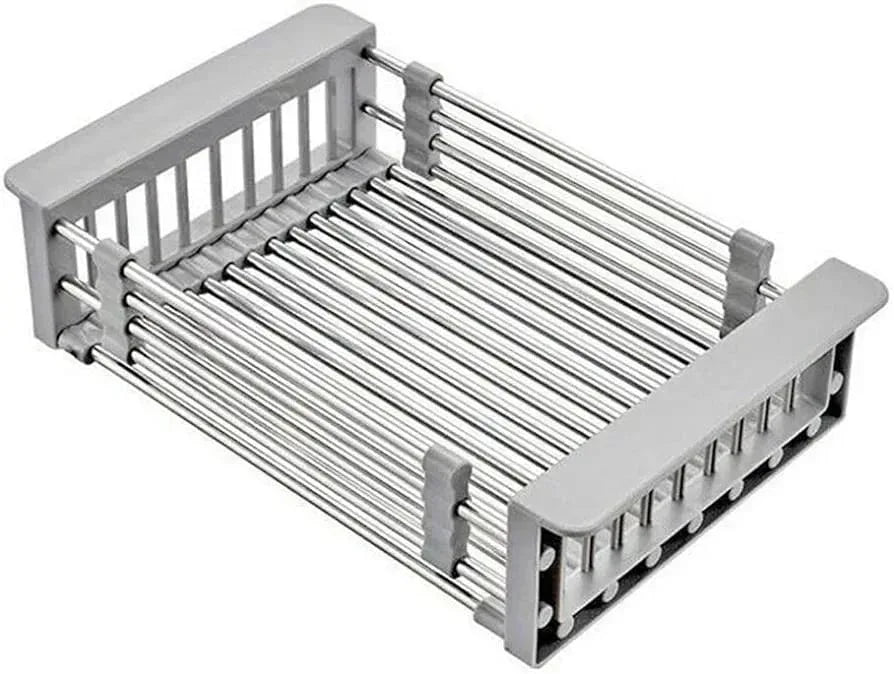 Adjustable Over-The-Sink Dish Drying Rack with Stainless Steel Drain Basket - Portable & Telescopic Space-Saving Solution for fruit vegetable